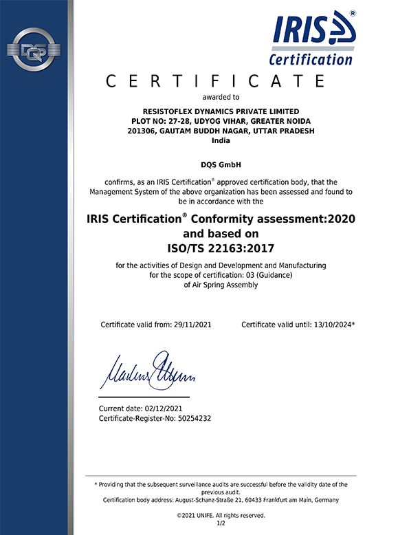 IRIS Certification Conformity assessment:2020 and based on ISO/TS 22163:2017